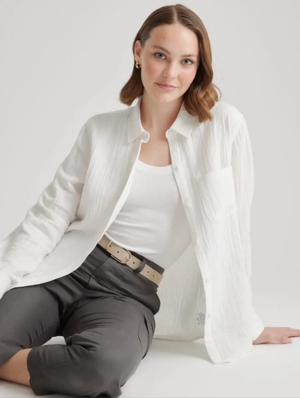Women's 100% Organic Cotton Gauze Long Sleeve Shirt, XL, White